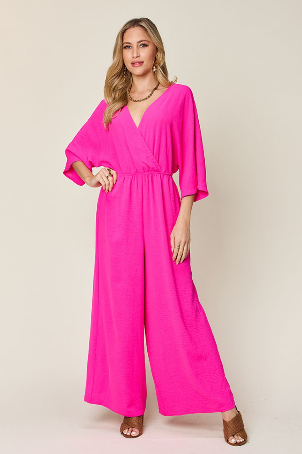 Double Take Full Size Surplice Wide Leg Jumpsuit with Pockets