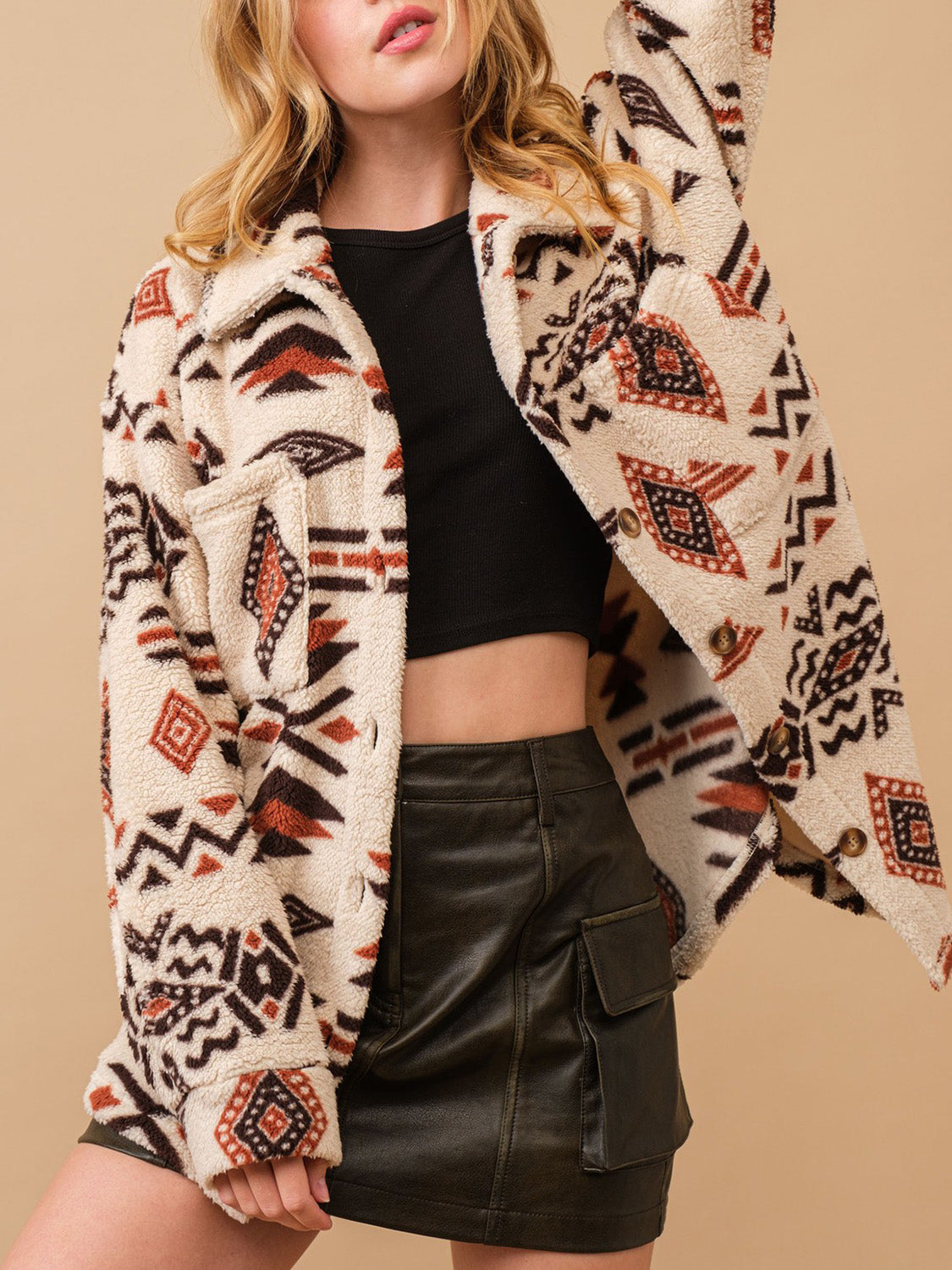 Geometric Button Up Long Sleeve Sherpa Jacket