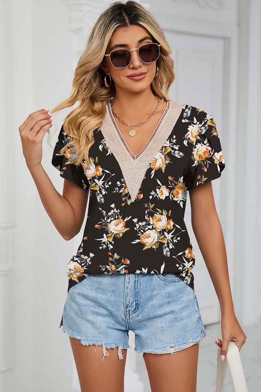 Floral V-Neck Short Sleeve T-Shirt