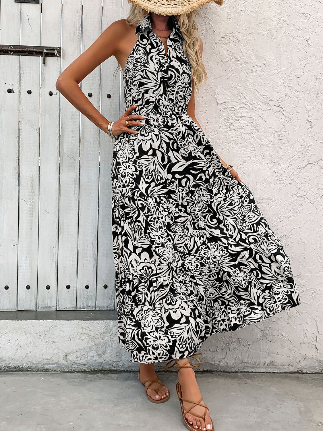 Backless Smocked Printed Sleeveless Midi Dress