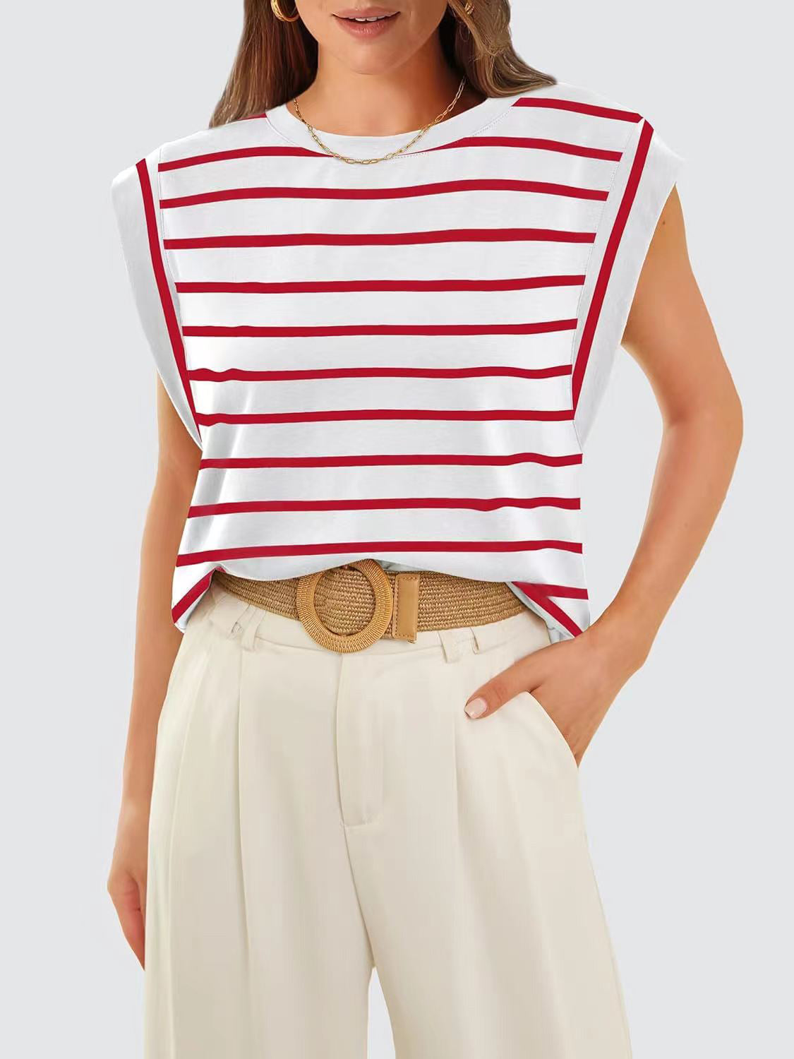 Striped Round Neck Cap Sleeve T-Shirt