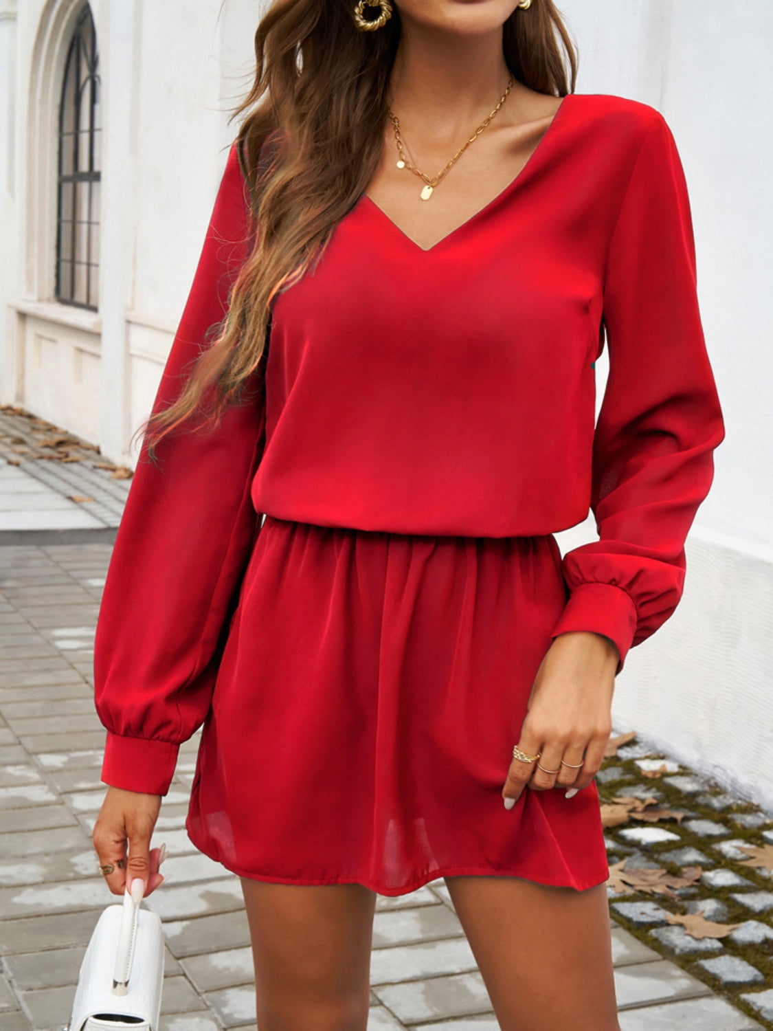 Devine Cutout V-Neck Long Sleeve Mini Dress