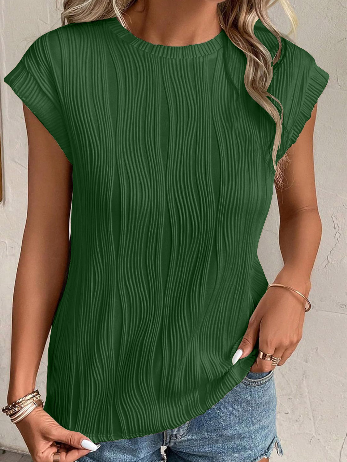 Textured Round Neck Cap Sleeve T-Shirt