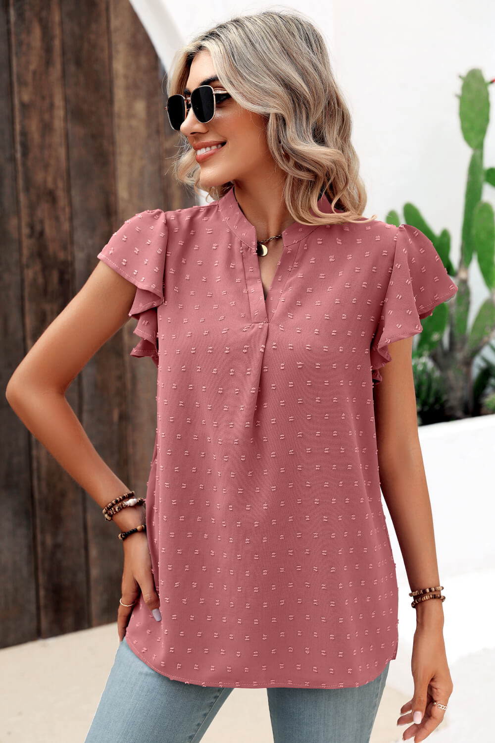 Swiss Dot Flutter Sleeve Notched Neck Blouse