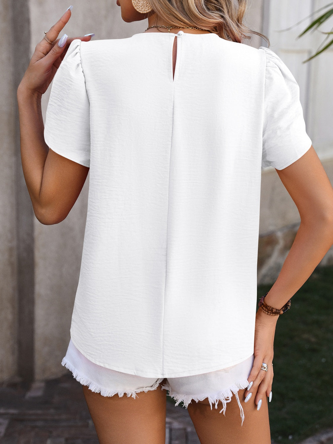 Ruched Round Neck Petal Sleeve Blouse