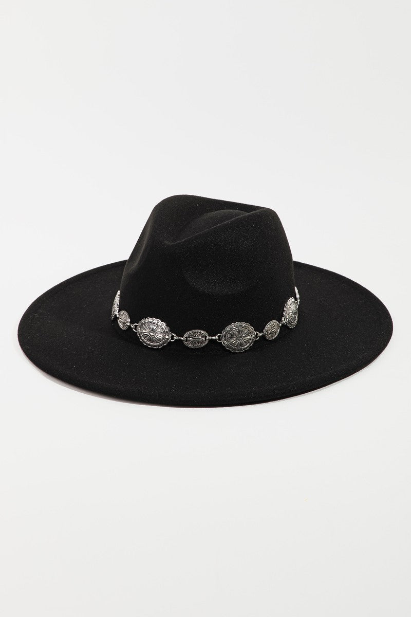 Fame Metal Trim Flat Brim Fedora Hat