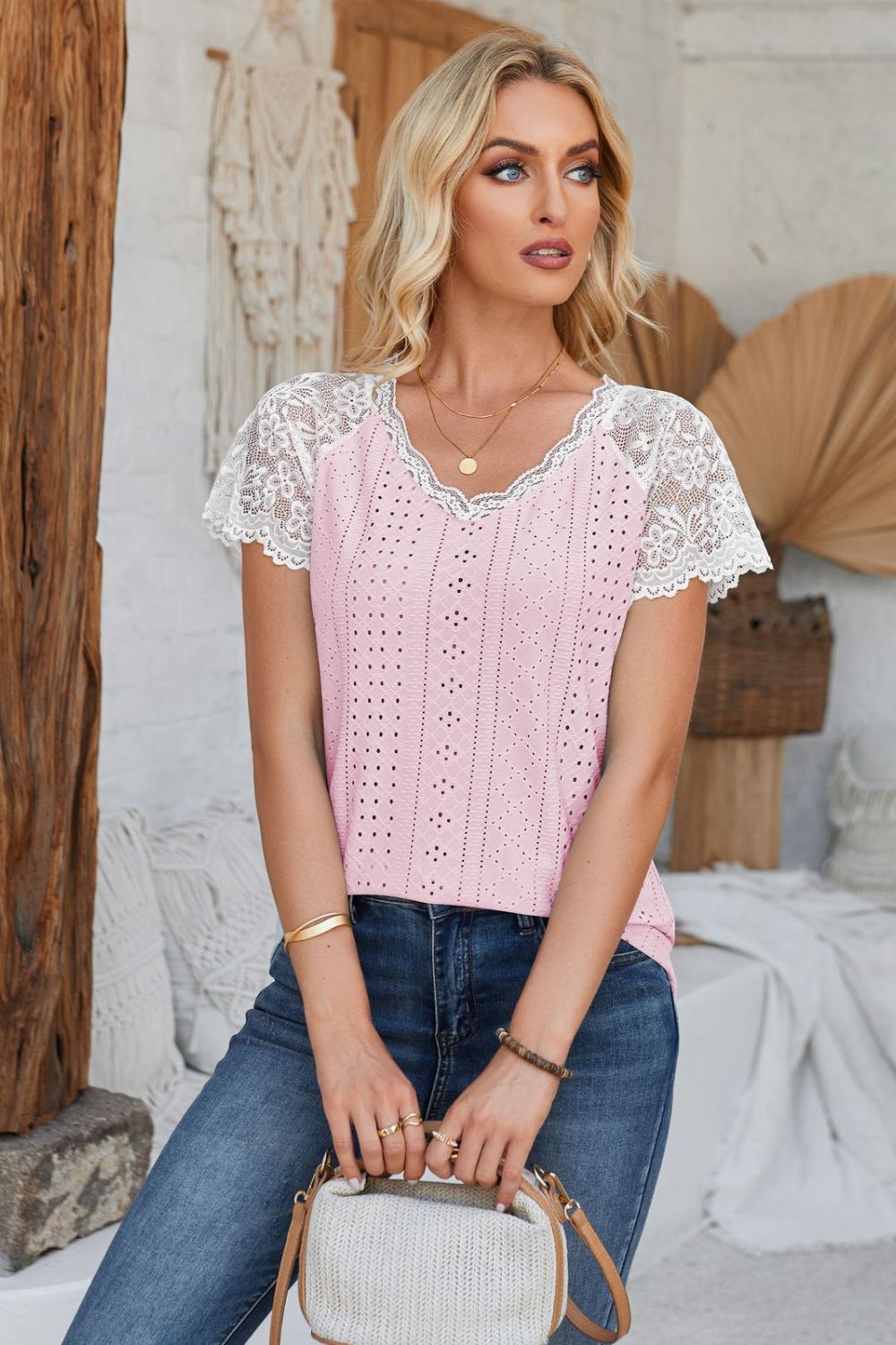 Eyelet V-Neck Lace Short Sleeve T-Shirt