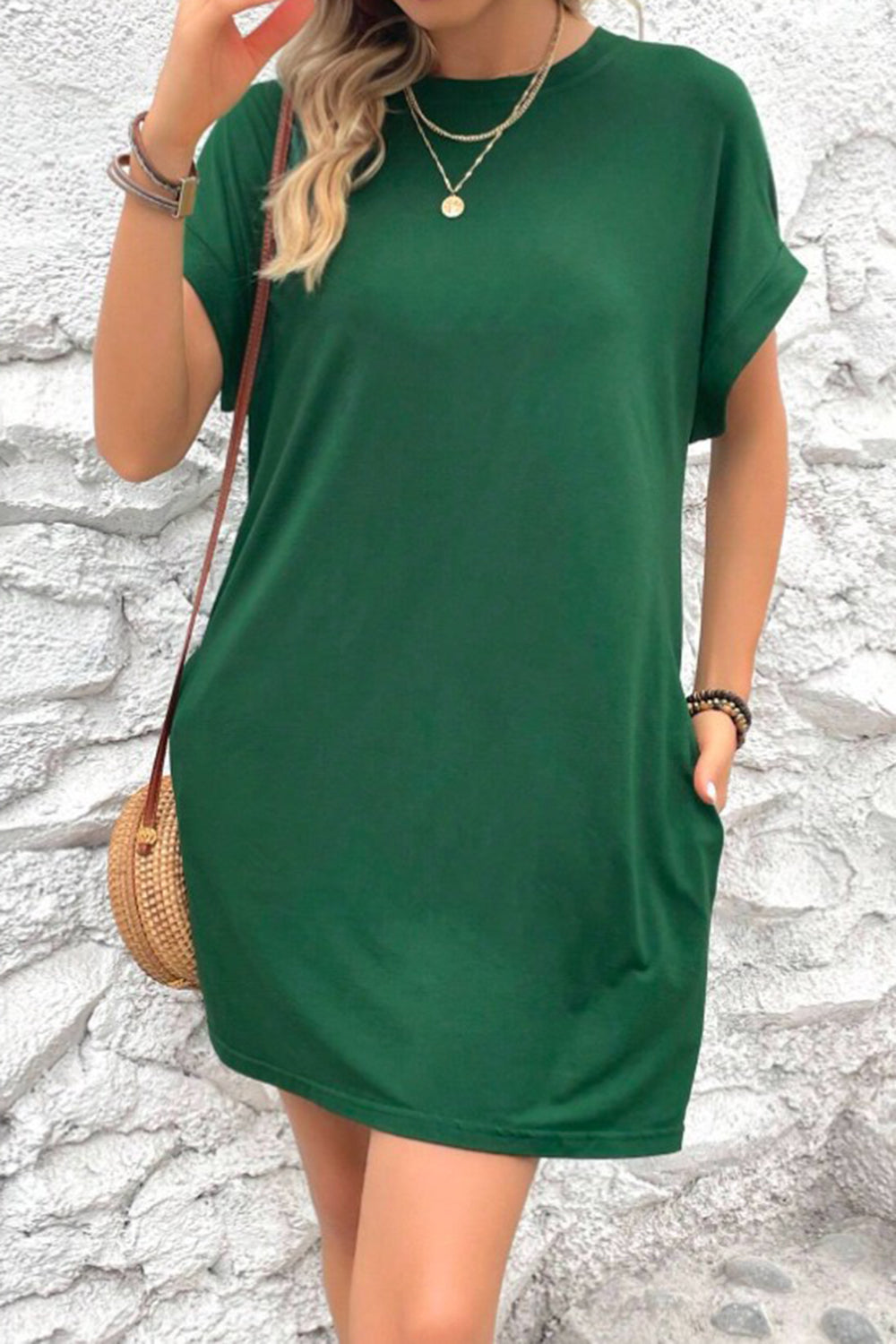 Pocketed Round Neck Short Sleeve Dress