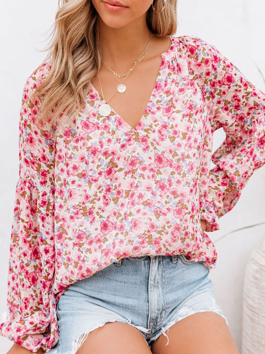 Floral Notched Balloon Sleeve Blouse