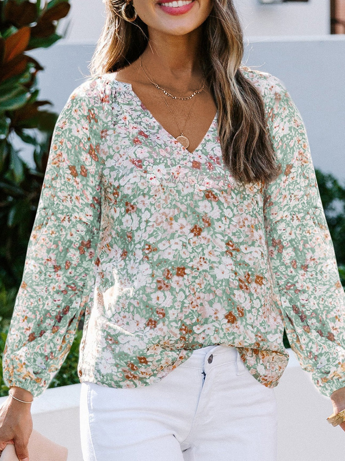 Floral Notched Balloon Sleeve Blouse