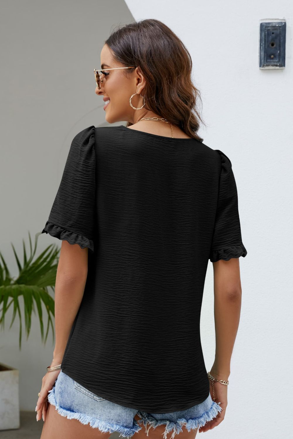 Frill Trim Puff Sleeve Square Neck Blouse