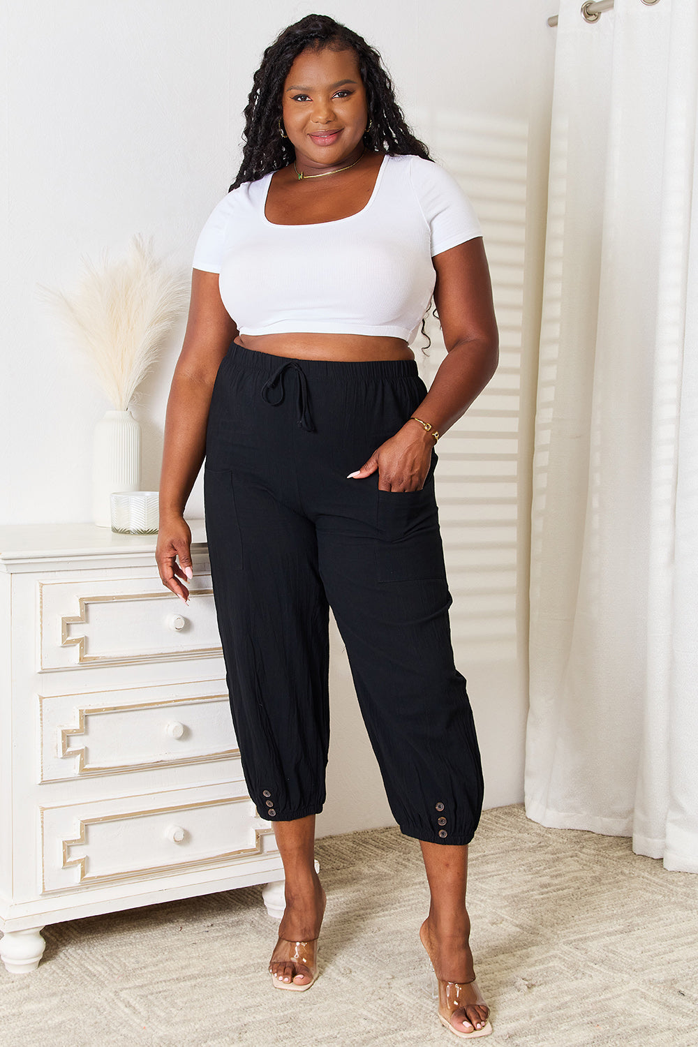 Decorative Button Cropped Pants