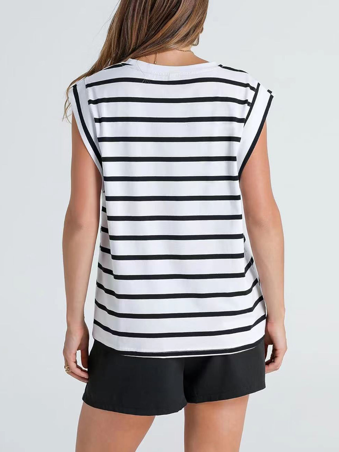 Striped Round Neck Cap Sleeve T-Shirt