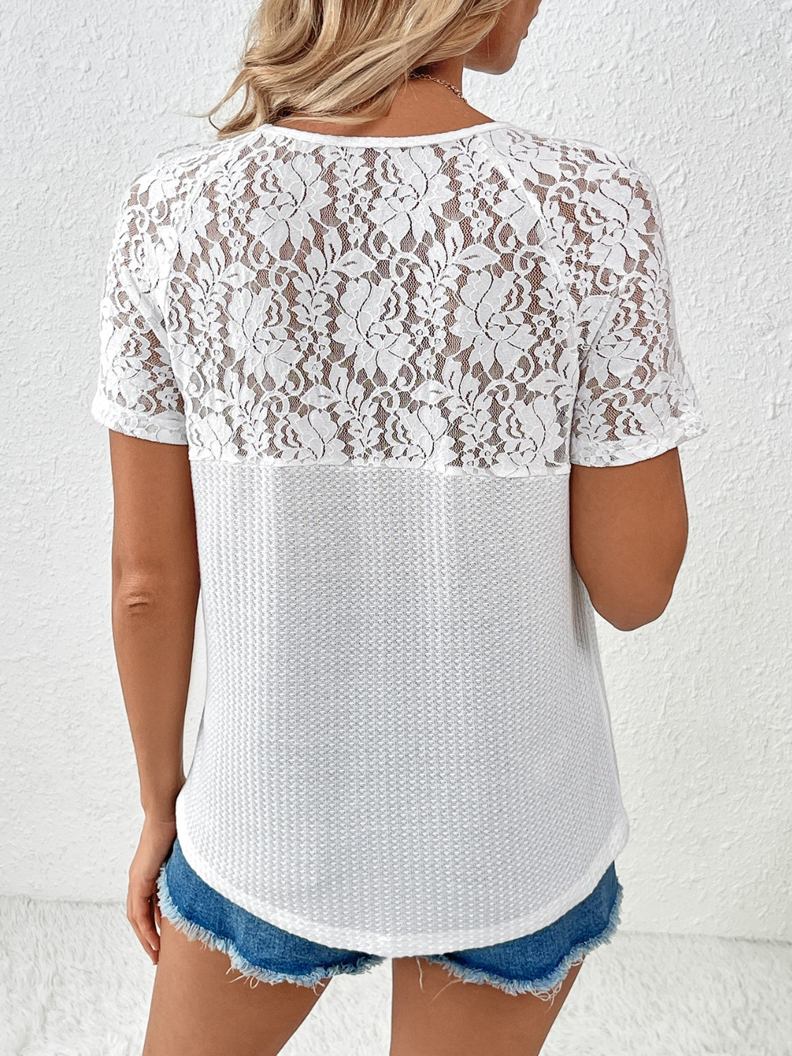 Lace Detail V-Neck Short Sleeve T-Shirt