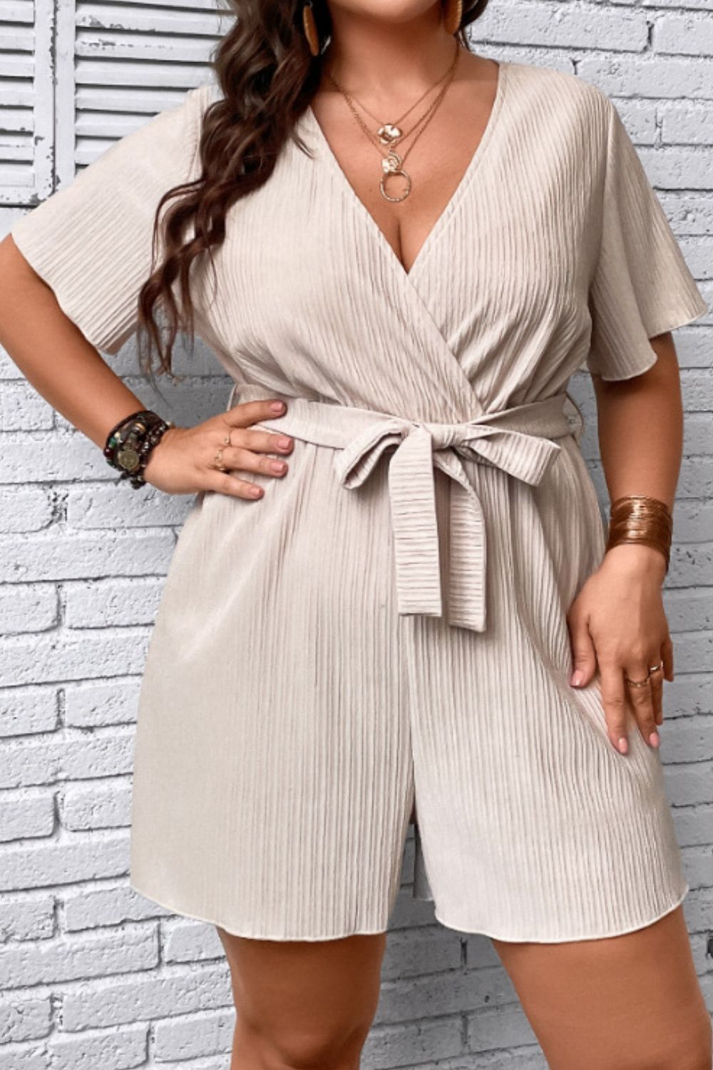 Plus Size Tie Waist Surplice Neck Romper