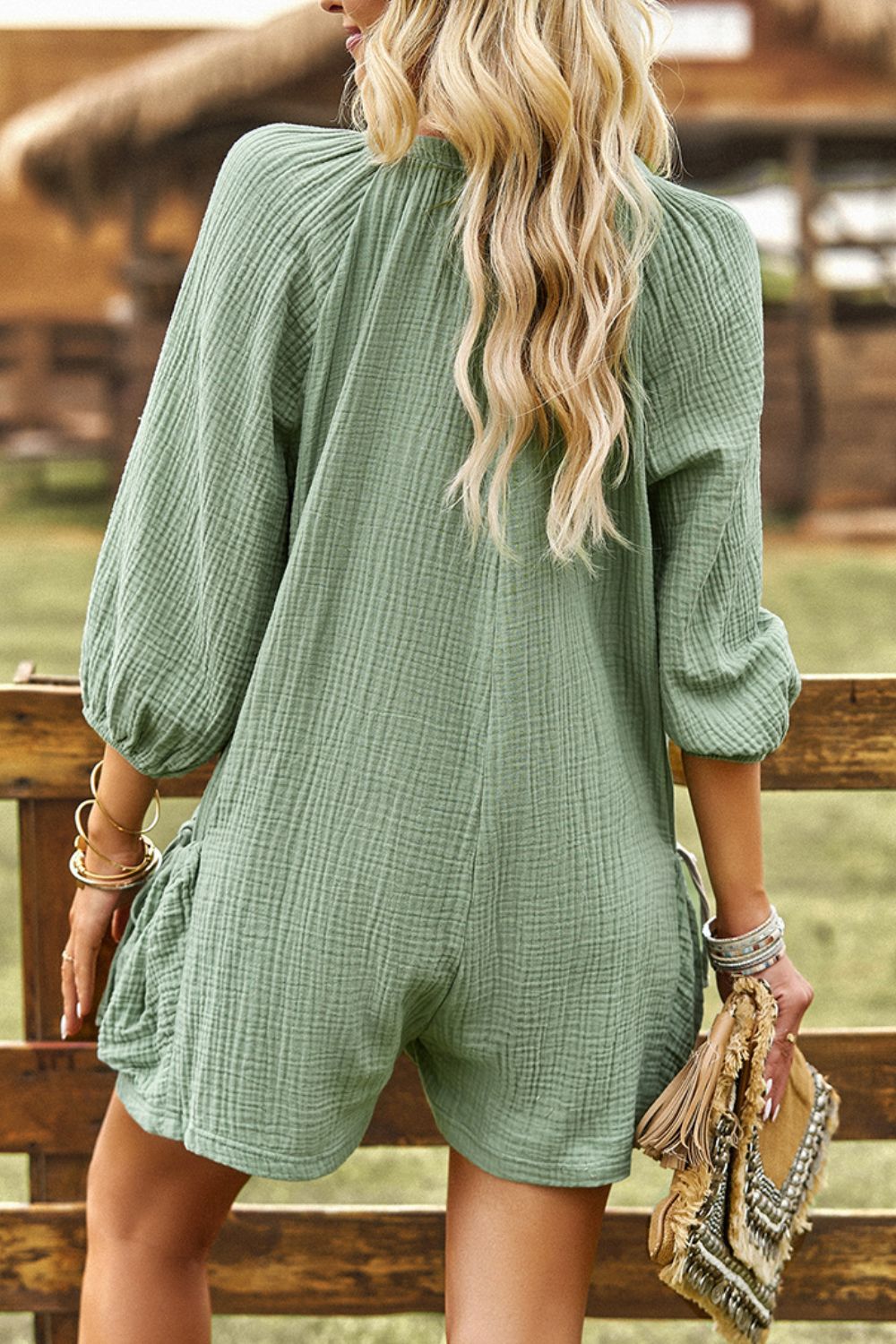 Textured Notched Neck Romper with Pockets