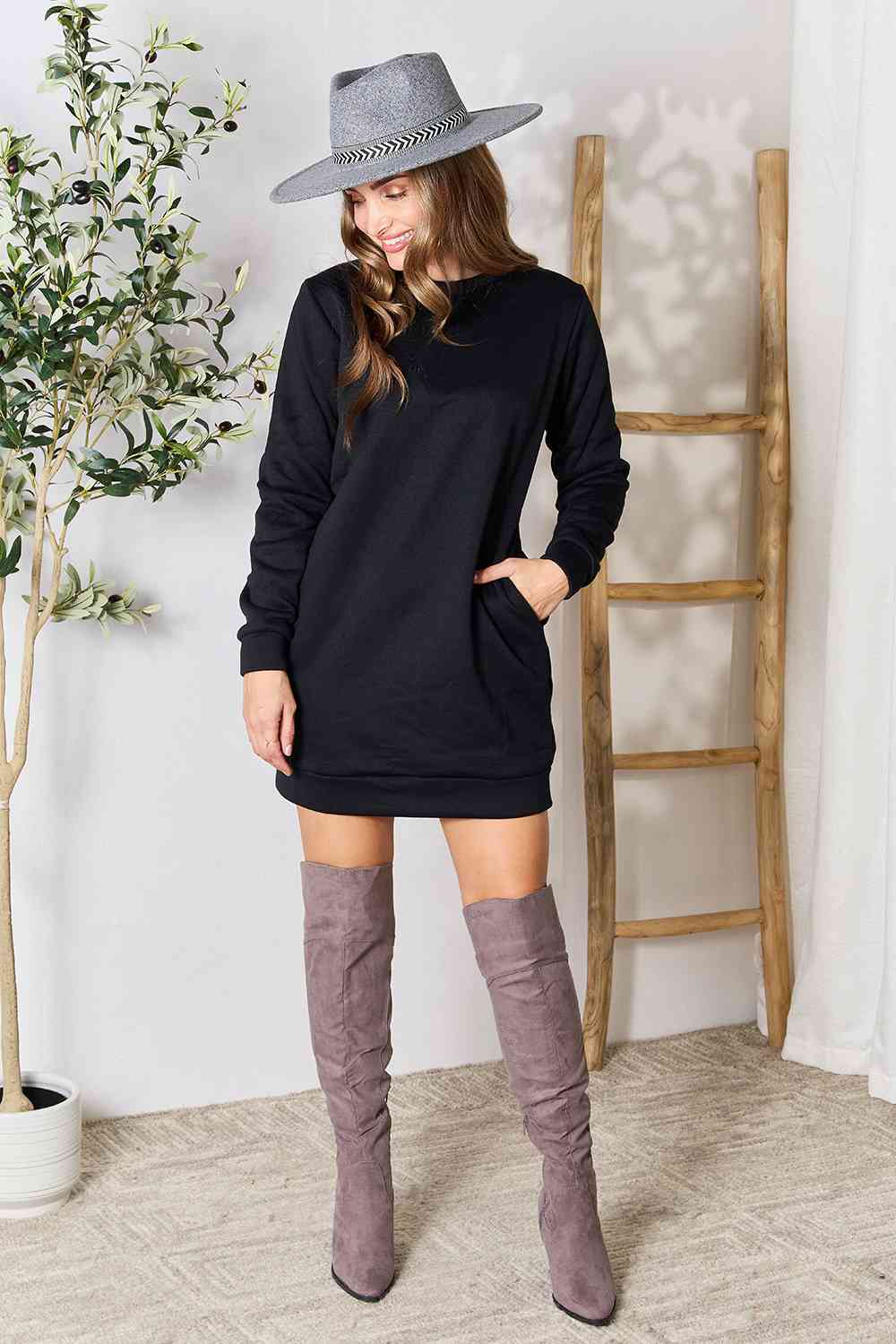 Double Take Round Neck Long Sleeve Mini Dress with Pockets